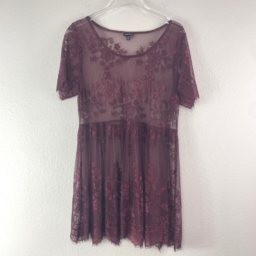 Torrid Floral Lace Mesh Babydoll Tunic Top 0‎ L/XL Burgundy Gothic Whimsigoth